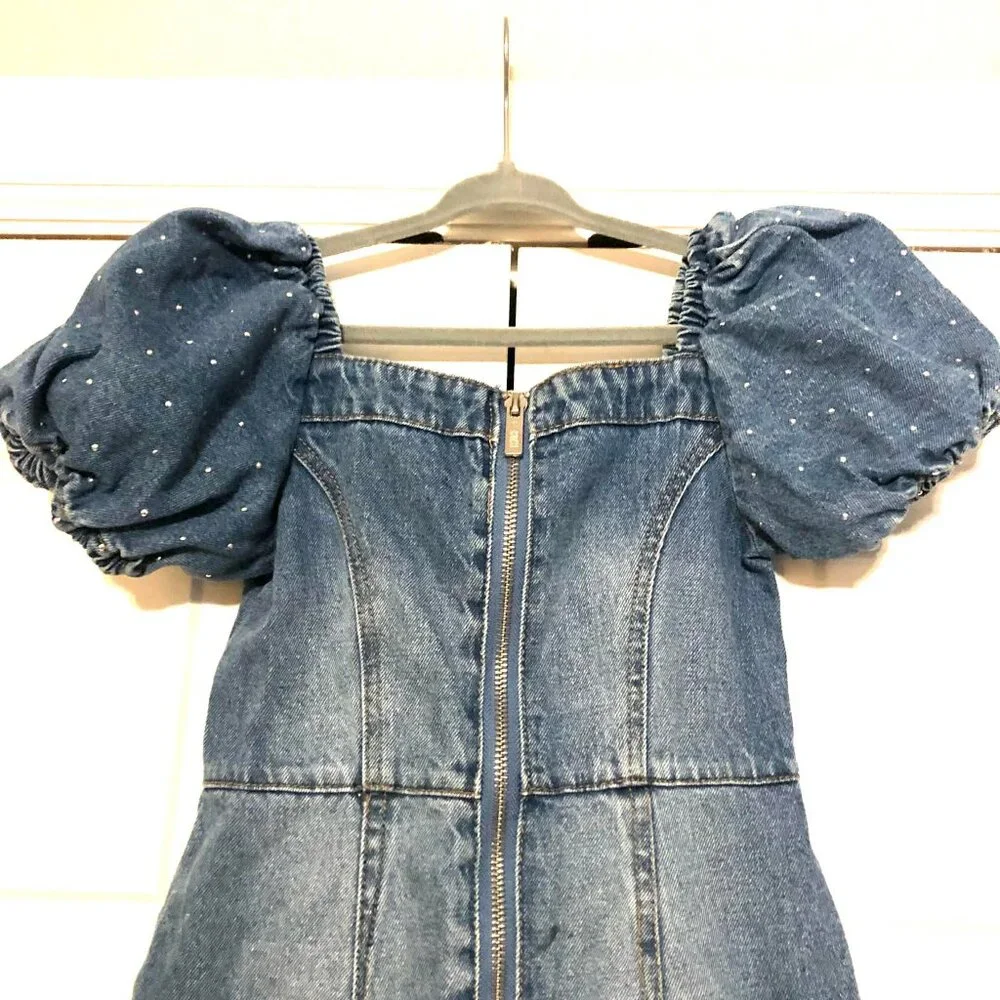 NWT TRUCE Pretty Chic Rhinestone Puff Sleeve Denim Dress S (7-8)